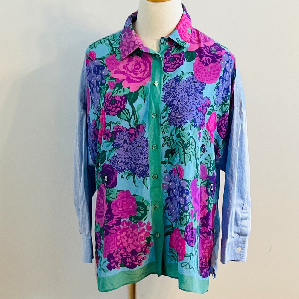 Weekend Max Mara Floral Silk Cotton Panel Button Down Shirt Blue Pink Size 10